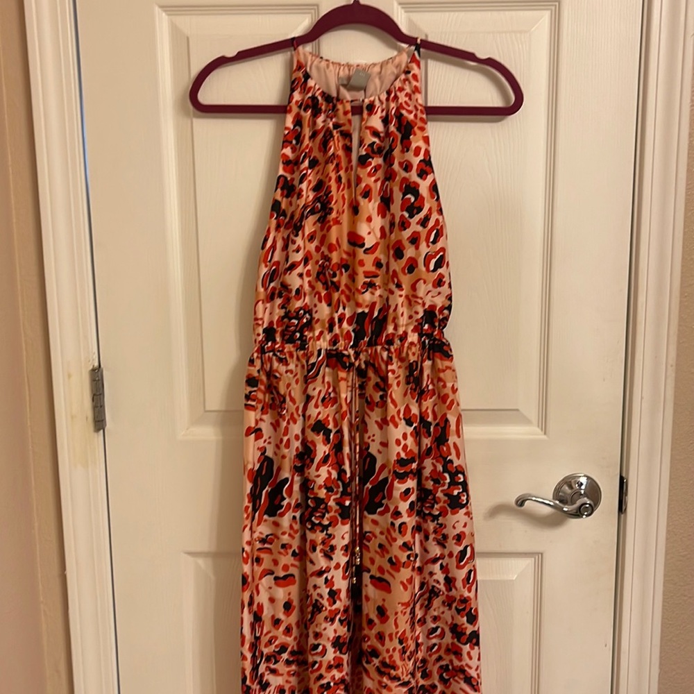 Long red black patterned halter dress